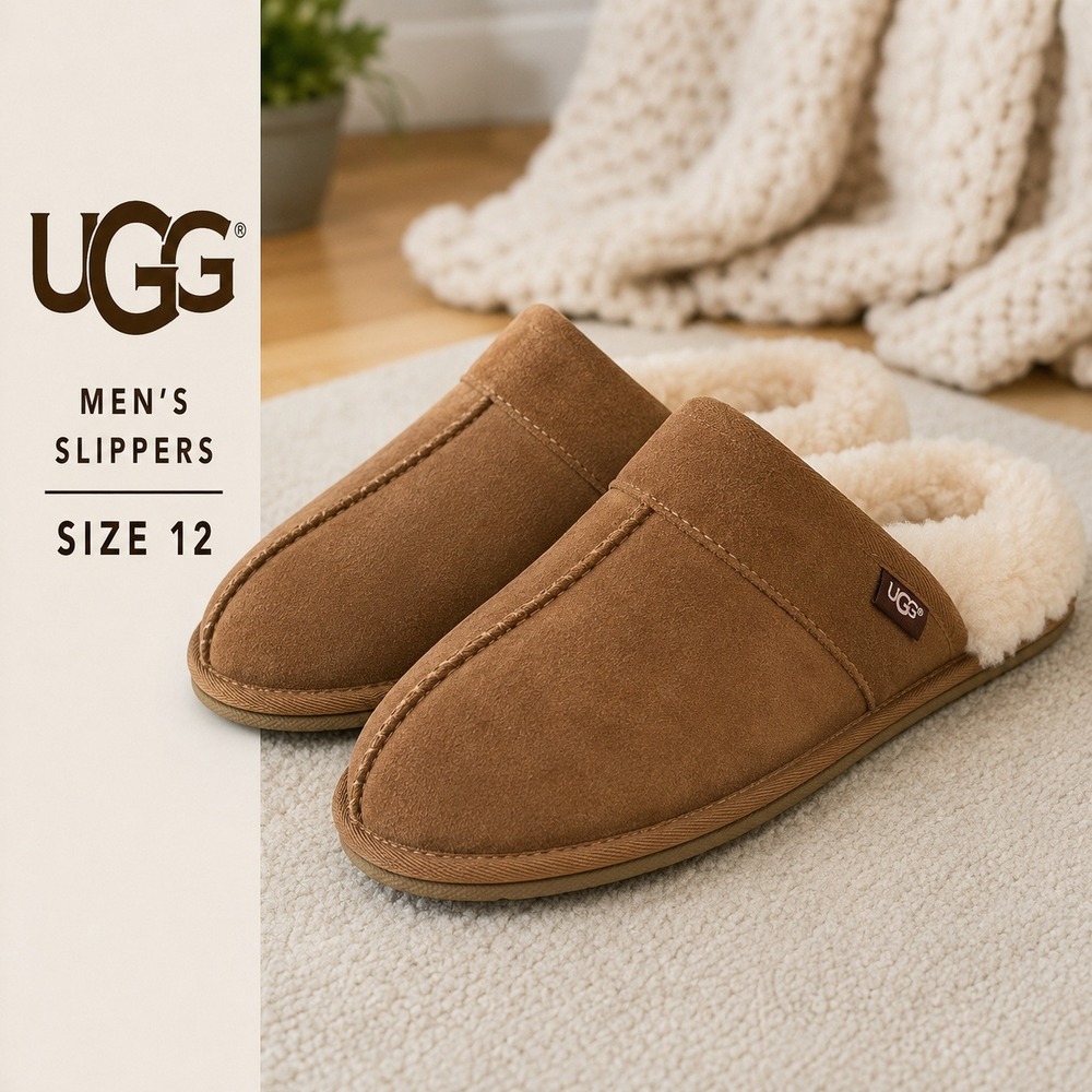 UGG Scuff Slipper Mens 12 Brown Suede Sheepskin Lining House Shoes Slip On Warm